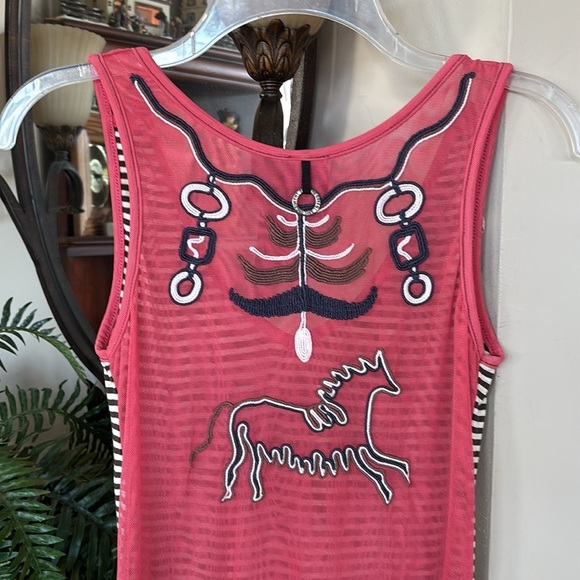 Save The Queen! V-Neck Tank Top Striped Embroidered Horse Beaded Mesh Back Italy - Picture 11 of 14